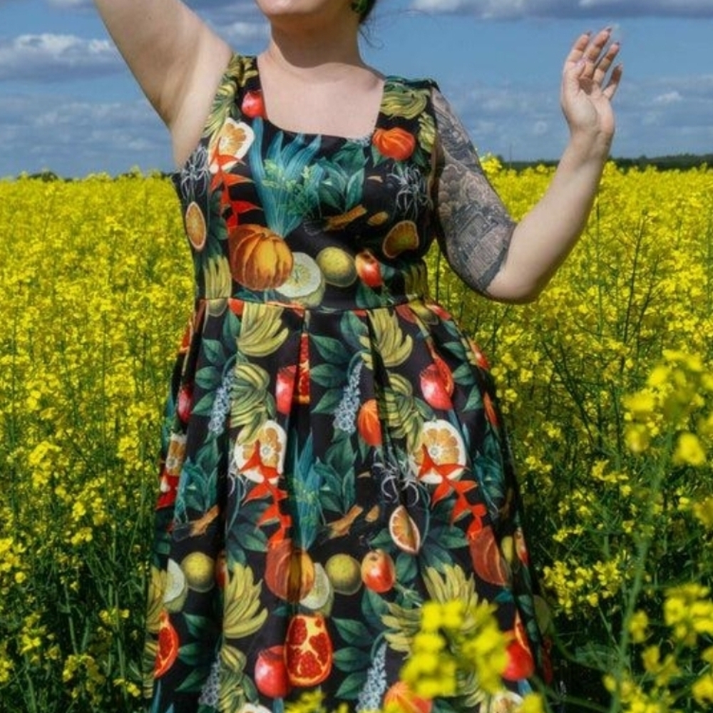 Vibrant Fruit Print Midi Dress